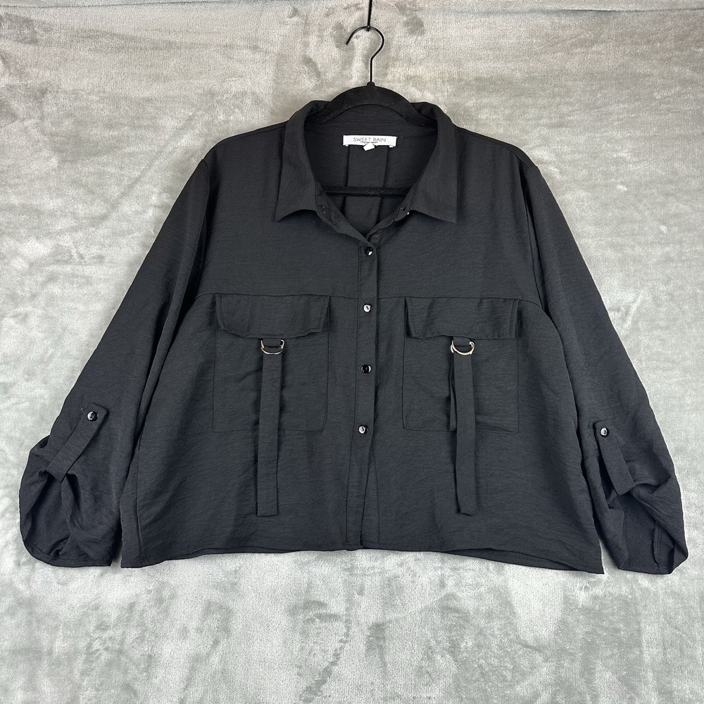 Sweet Rain Blouse Button Front Women's XL Black D Ring Pockets Roll Tab Sleeves